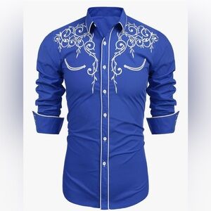 Men's Royal Blue Embroidered Button Down Shirt Western